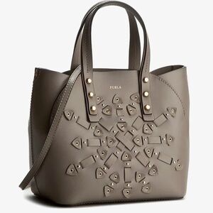 Furla Grey Leather Mini Tote Bag – Gold Tone Hardware – Adjustable Strap